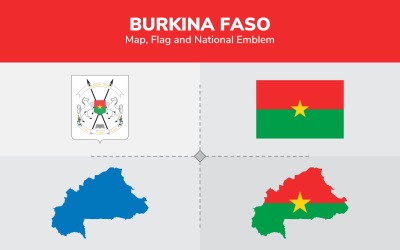 Mapa de Burkina Faso, bandera y emblema nacional - Ilustración