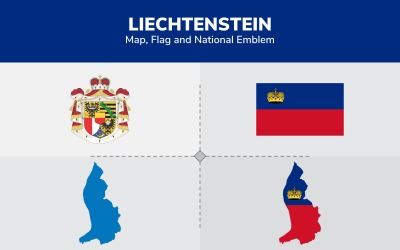 Liechtenstein karta, flagga och nationellt emblem - illustration