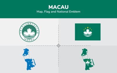 Macau karta, flagga och nationellt emblem - illustration