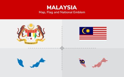 Malaysia karta, flagga och nationellt emblem - illustration