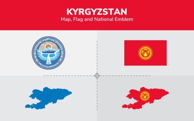 Mapa, bandera y emblema nacional de Kirguistán - Ilustración