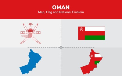 Oman karta, flagga och nationellt emblem - illustration