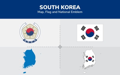Sydkorea karta, flagga och nationellt emblem - illustration