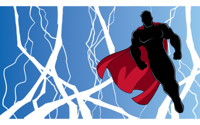 Супергерой, летящий во время грозы, силуэт - Иллюстрация