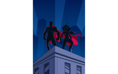 Superhero Couple Roof Watch Silhouettes - Illustration