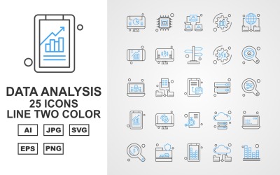 Conjunto de paquetes de iconos de dos colores de la línea de análisis de datos premium 25
