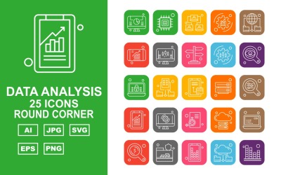 Conjunto de paquetes de iconos de esquina redonda de análisis de datos premium 25