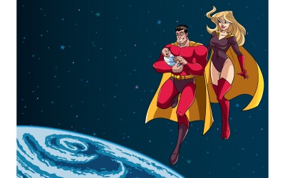 Super papa moeder en baby in de ruimte - illustratie