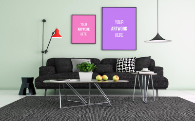Zwei leere Fotorahmen-Modelle mit schwarzem Sofa und Couchtisch im modernen Wohnzimmer-Innenprodukt-Modell