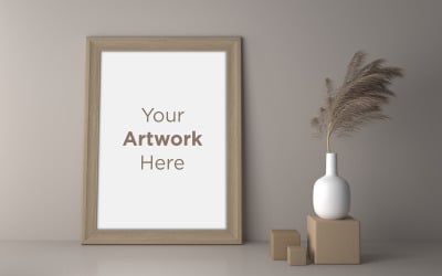 Beyaz seramik vazo ürün mockup ile ahşap boş fotoğraf çerçevesi mockup