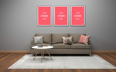 Çerçeveler mockup ürün mockup ile oturma odasında kahverengi kanepe ve masa
