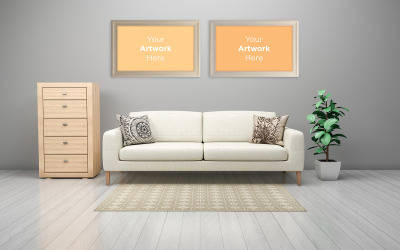 Inre av modern soffa för vardagsrum med lådor och tom modell för produktdesign för fotorammodell