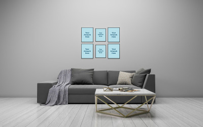 Inre modernt vardagsrum med soffa och collage av rammodellproduktmodell