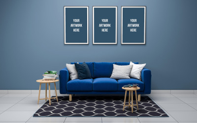 Leere Bilderrahmen mit blauem Sofa im Innenwohnzimmer-Produktmodell