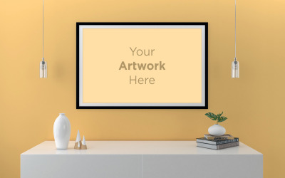 Maquete de quadro de paisagem na parede amarela com gabinete e maquete de produto com luzes suspensas