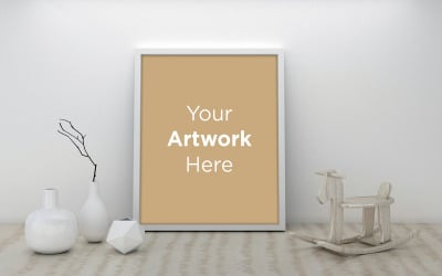 Minimalistische Wohnkultur mit leerem Fotorahmenmodell auf weißem Wandproduktmodell