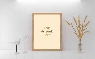 Vertical frame mockup with wild rye bouquet in glass vase near white wall product mockup