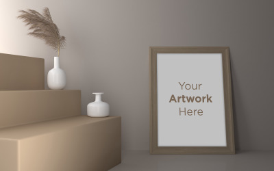 Beyaz seramik vazolar ile ahşap boş fotoğraf çerçevesi mockup tasarımı Ürün Mockup