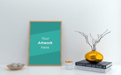 Empty photo frame mockup with books and golden vase product mockup