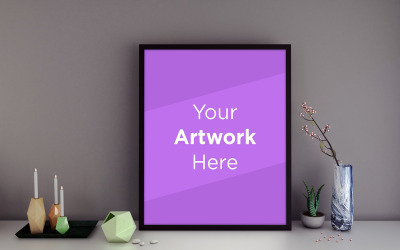 Inside arrangement of empty photo frame mockup With plant and candles product mockup