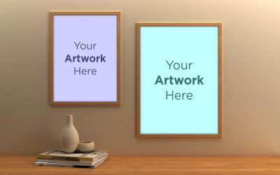 Two empty wooden frame mockup with books and vase product mockup