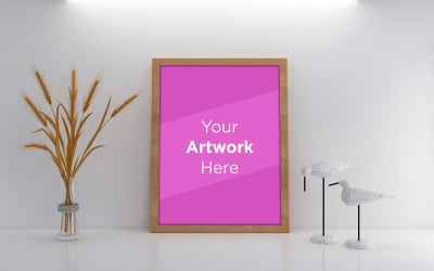 Vertical empty photo frame mockup with wild rye in glass vase near white wall product mockup