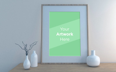 Wooden empty frame mockup with white vases laying on cabinet product mockup
