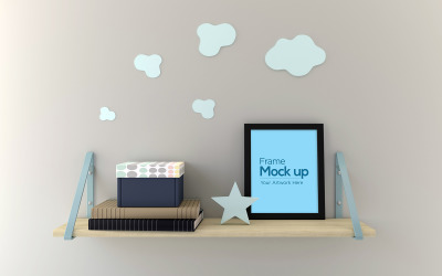 Kids frame laying on shelf mockup design with books product mockup