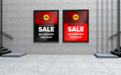 Maquette de deux panneaux de signalisation dans un centre commercial avec maquette de produit de bannière de vente du vendredi noir