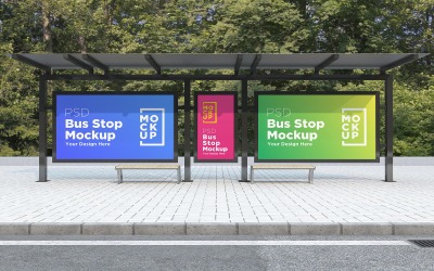 Arrêt de bus avec 3 maquette de produit de signalisation publicitaire Billboard