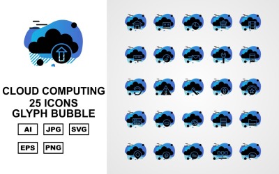 25 Conjunto de ícones de bolha de glifo de computação em nuvem premium