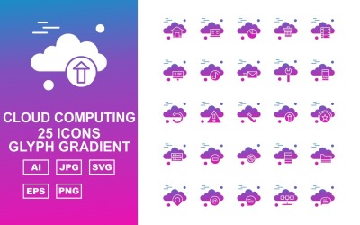 25 Conjunto de ícones de gradiente de glifo de computação em nuvem premium