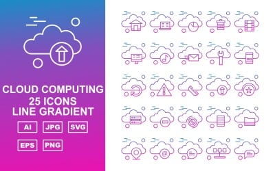 25 Conjunto de ícones de gradiente de linha de computação em nuvem premium