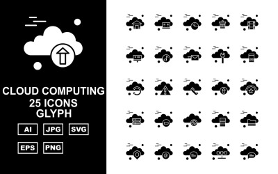 25 Conjunto de ícones de glifo de computação em nuvem premium
