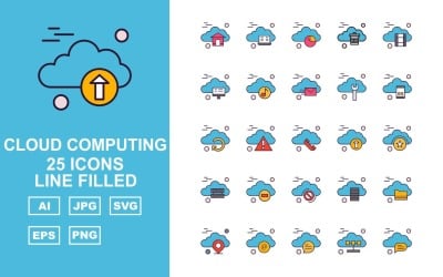 Conjunto de ícones preenchidos com 25 linha de computação em nuvem premium