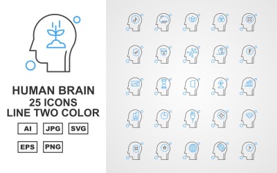 25 premium menselijke hersenen lijn twee kleuren icon set