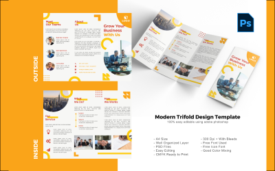 Žlutá šestidílná brožura PSD šablona