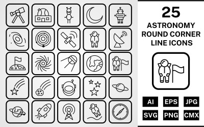 25 Astronomi runda hörnlinjen svart ikonuppsättning