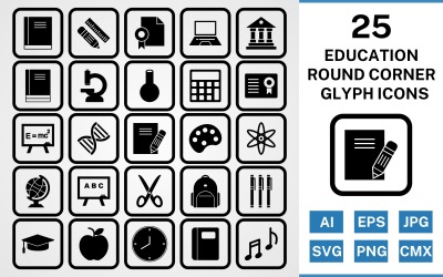 25 Bildung Runde Ecke Glyphe Schwarz Icon Set