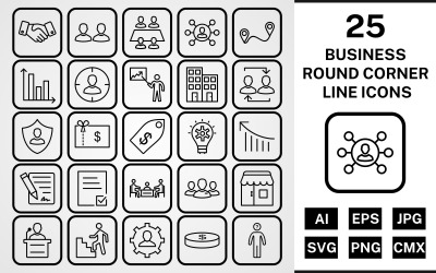 25 Business Round Corner Line Black Icon Set