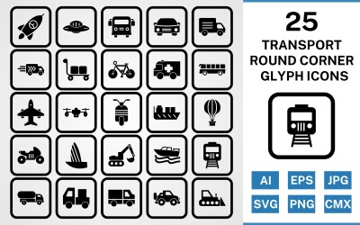 25 Conjunto de ícones de glifo preto de canto redondo de transporte