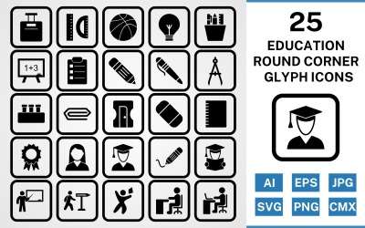 25 Conjunto de ícones de glifo preto de canto redondo educacional