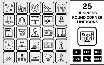25 Conjunto de ícones de linha preta de canto redondo de negócios
