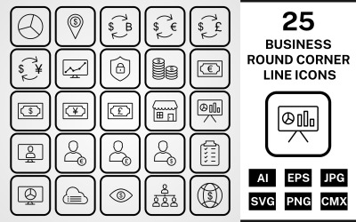 25 Conjunto de ícones de linha preta de canto redondo de negócios