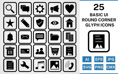 Conjunto de iconos negros de glifo de esquina redonda de interfaz de usuario básica 25