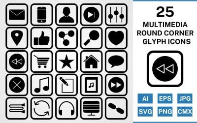 25 conjunto de iconos negros de glifo de esquina redonda multimedia