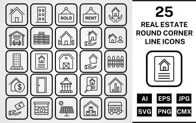 Conjunto de iconos negros de línea de esquina redonda de 25 bienes raíces