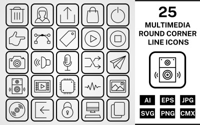 25 conjunto de iconos negros de línea de esquina redonda multimedia