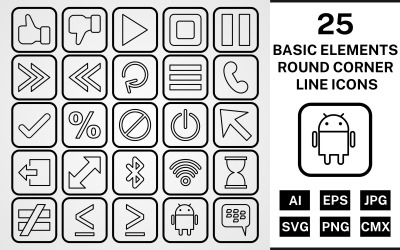 25 elementi di base Round Corner Line Black Icon Set
