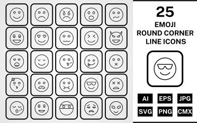 25 Emoji Yuvarlak Köşe Hattı Siyah Simge Seti